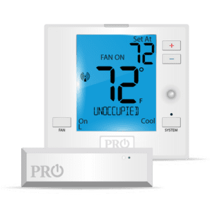 A wide clean white pro1 thermostat and sensor with blue digital interface